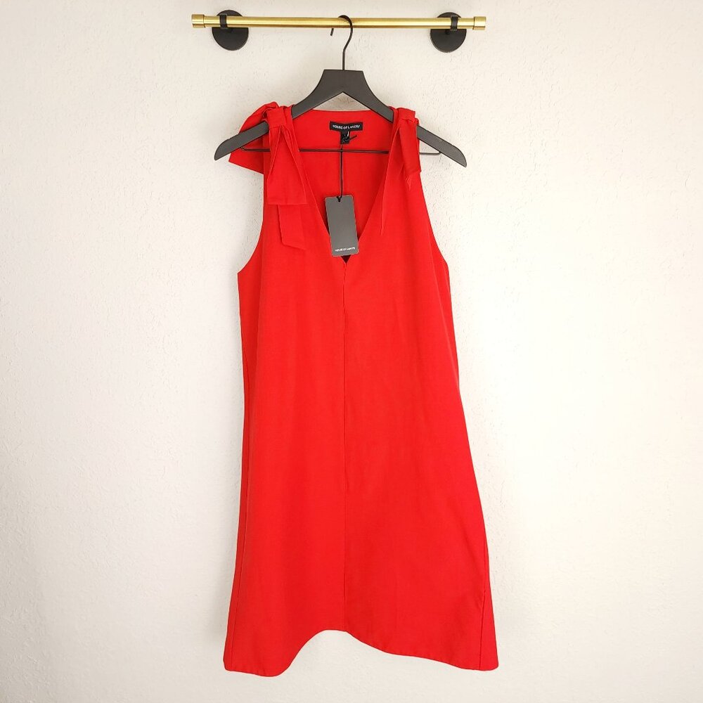 House of Lancry L Red V-Neck Sleeveless Shoulder Bow Detail Shift Dress